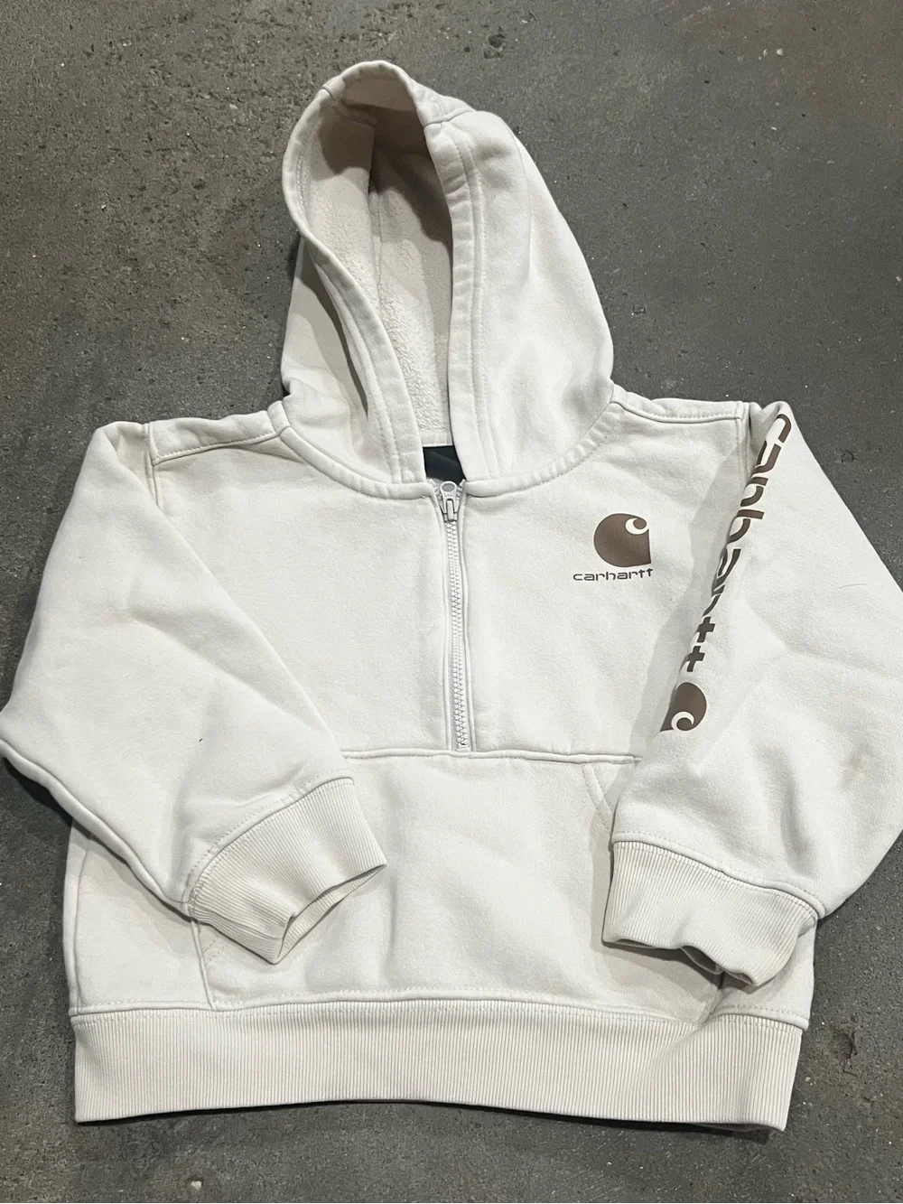 Carhartt Kids Cream Half-Zip Hoodie with Logo Sleeve